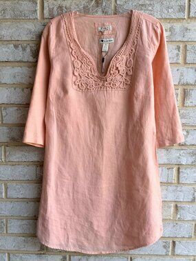 Malvin 3/4 Sleeve V-Neck 100% Linen Peach Pink Tunic Blouse Women's Size M